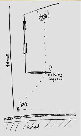 Diagram of pit, existing conduit into house, and storeroom at back of house