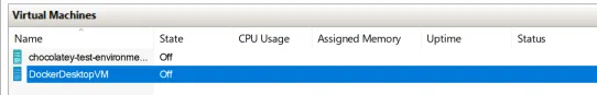 Hyper-V Manager showing Docker machine not running