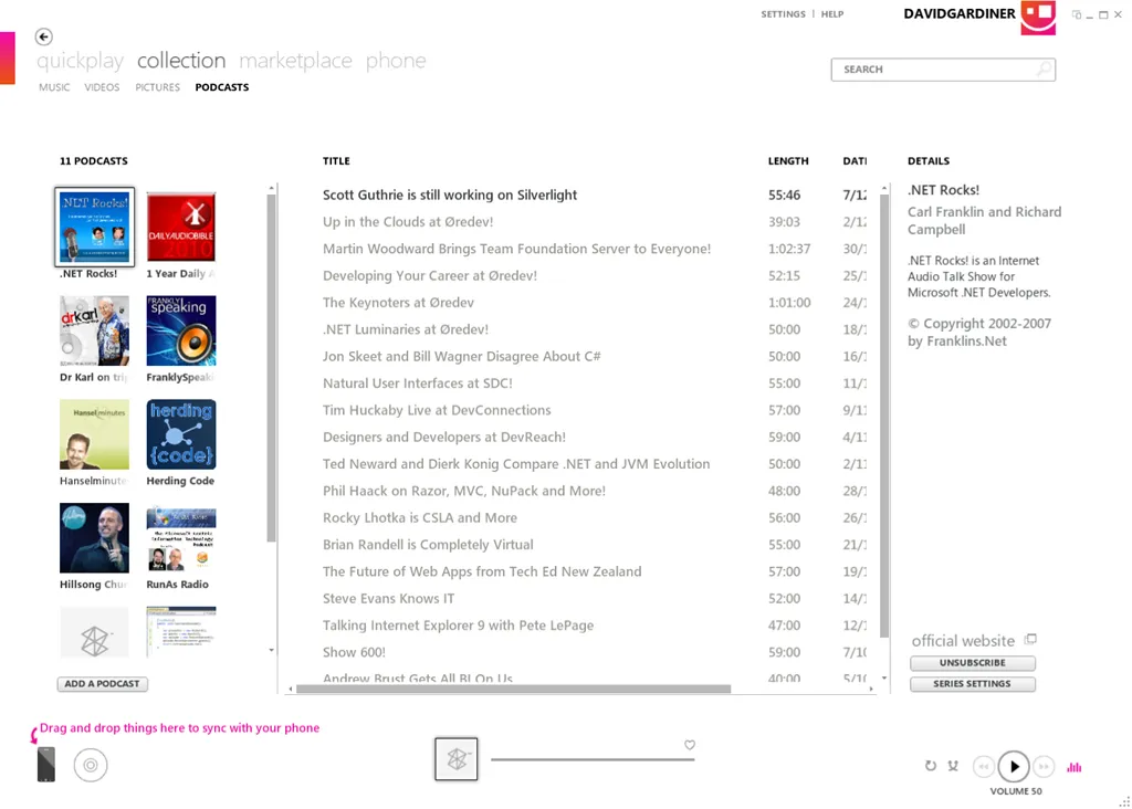 Screenshot of Zune software showing podcasts collection