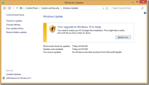Windows Update in Control Panel, prompting to restart