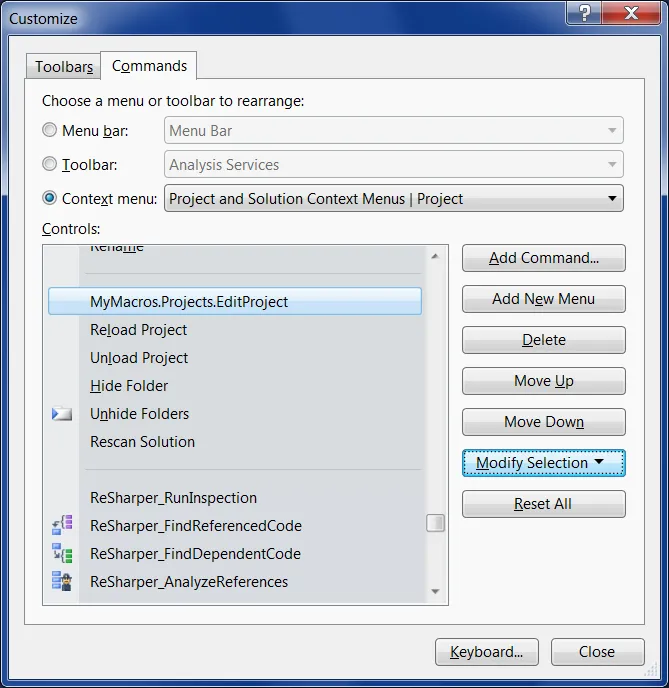 Visual Studio Customize dialog window