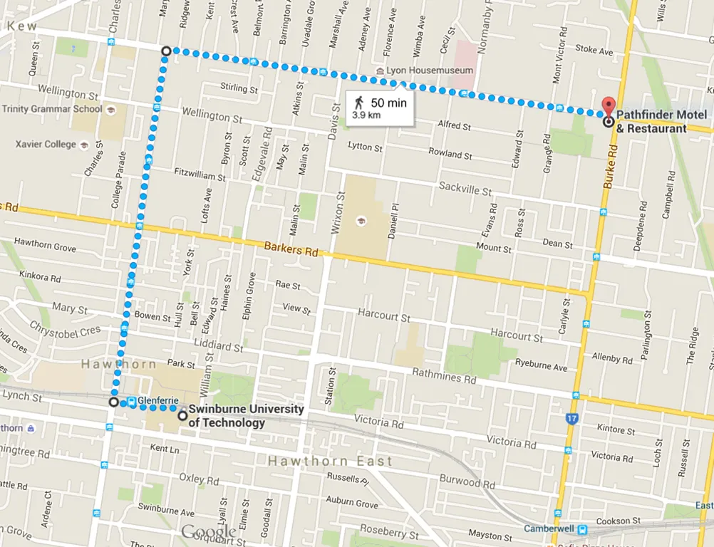 Map showing route from motel to campus