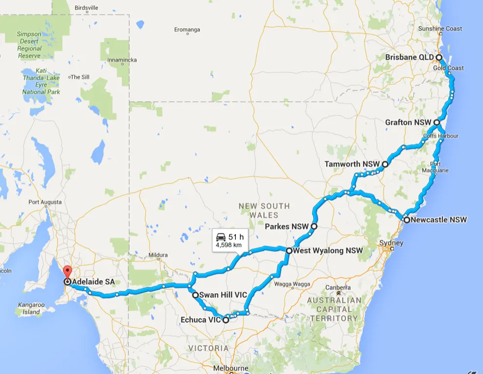 Map showing route from Adelaide to Brisbane and back again