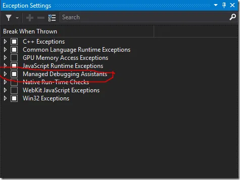 Visual Studio 2015 Exception Settings window