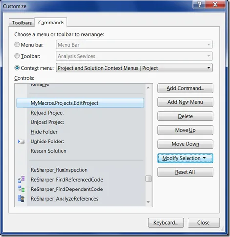 Visual Studio Customize dialog window