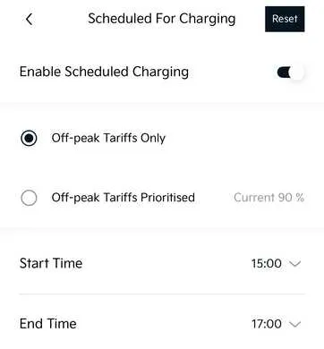 Screenshot of Kia app scheduled charging page