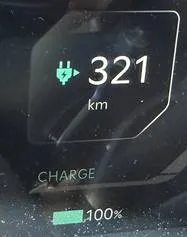Photo of EV5 dashboard showing range of 321km and 100% charge