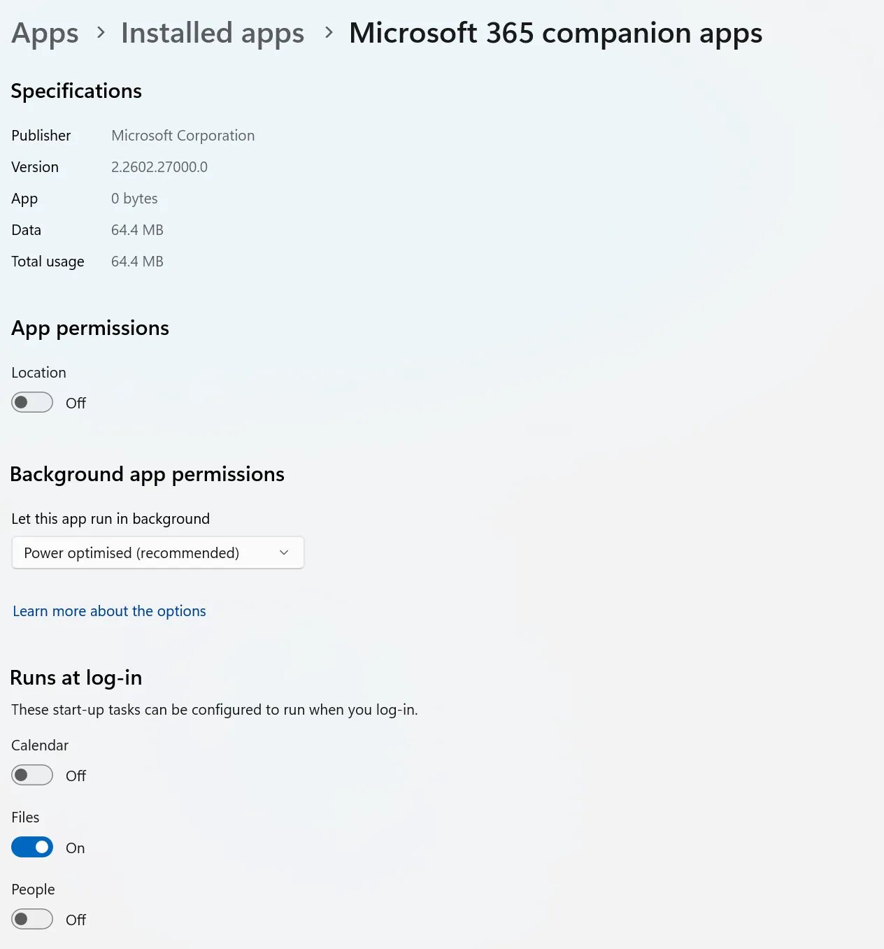Screenshot of Advanced options page for 'Microsoft 365 companion apps' app showing 'Files' enabled for starting when user logs in