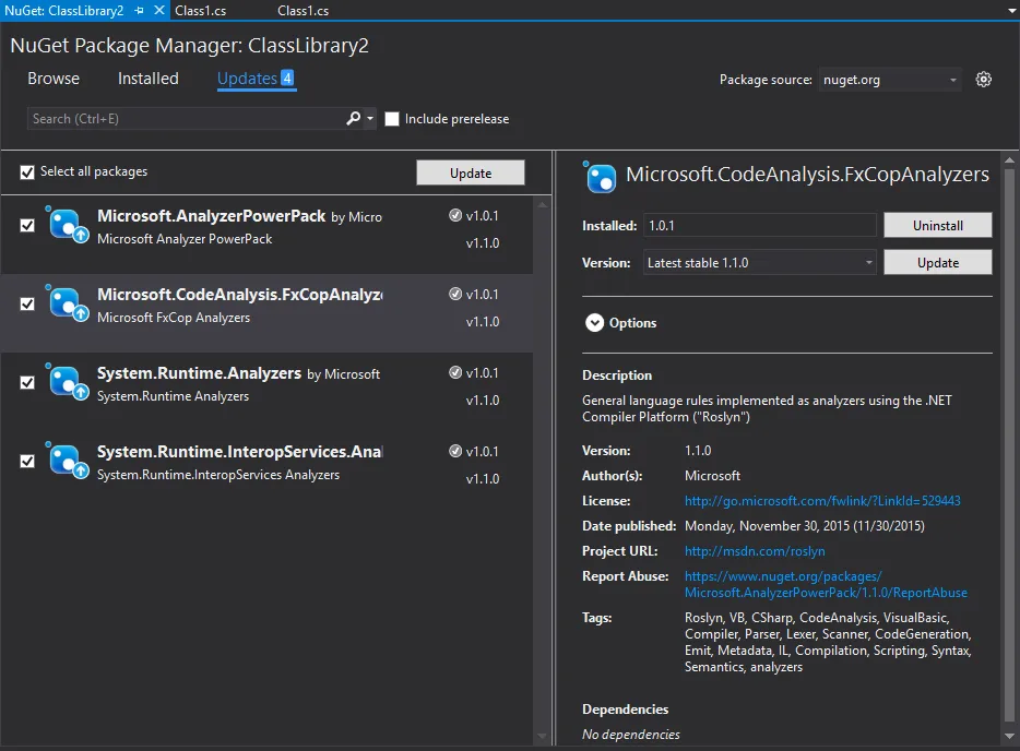 NuGet Package Manager, showing 4 packages with updates