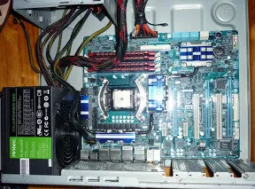 Motherboard and PSU in desktop case