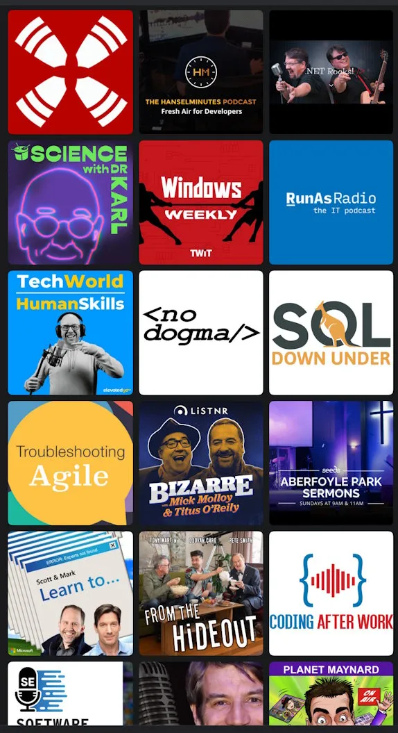 Screenshot of Pocketcasts iOS app showing subscribed podcasts