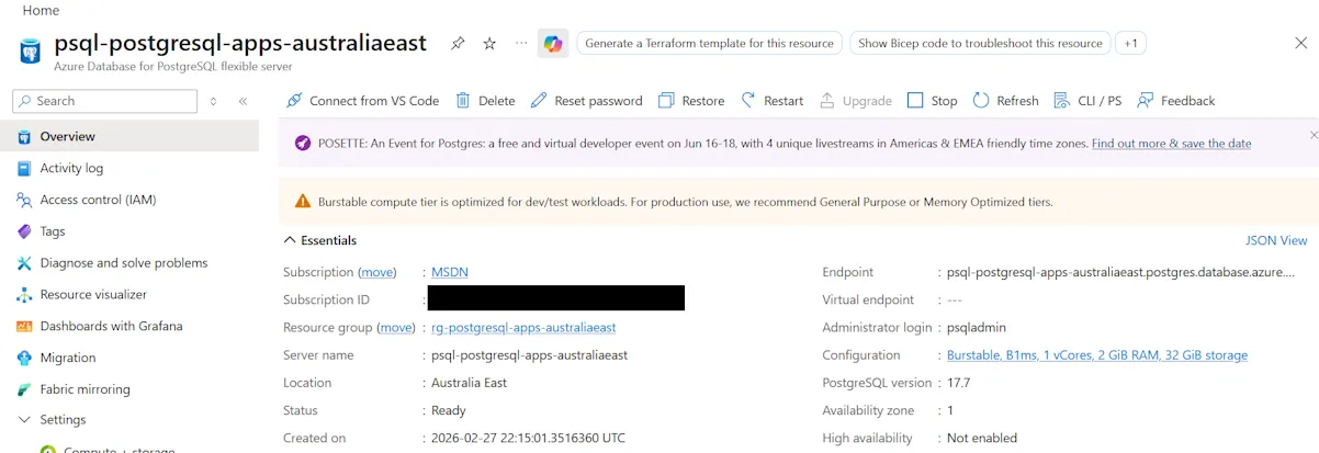 Screenshot of Azure Portal showing PostgreSQL upgrade complete
