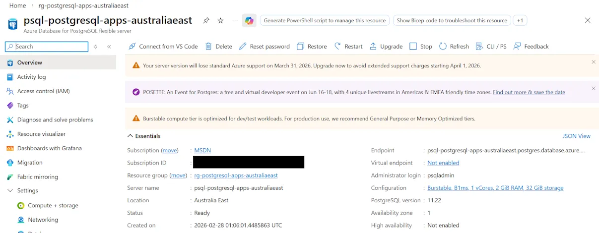 Screenshot of Azure Portal showing PostgreSQL server with warning about standard support ending 31st March 2026