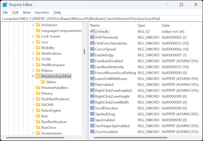 Windows Registry Editor showing keys for PrecisionTouchPad
