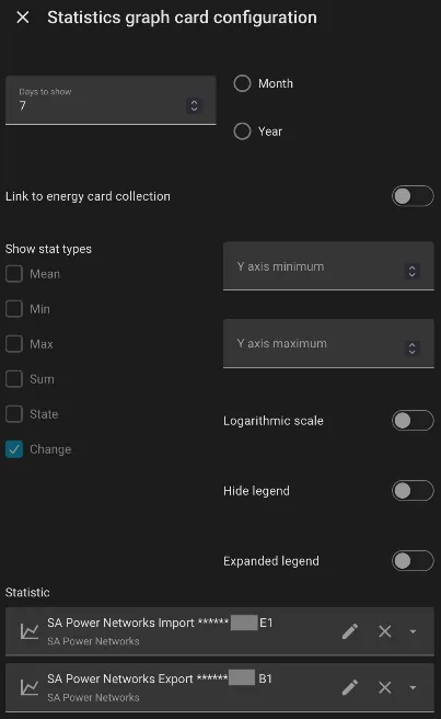 Screenshot of Statistics Graph settings in Home Assistant