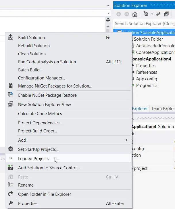Solution context menu