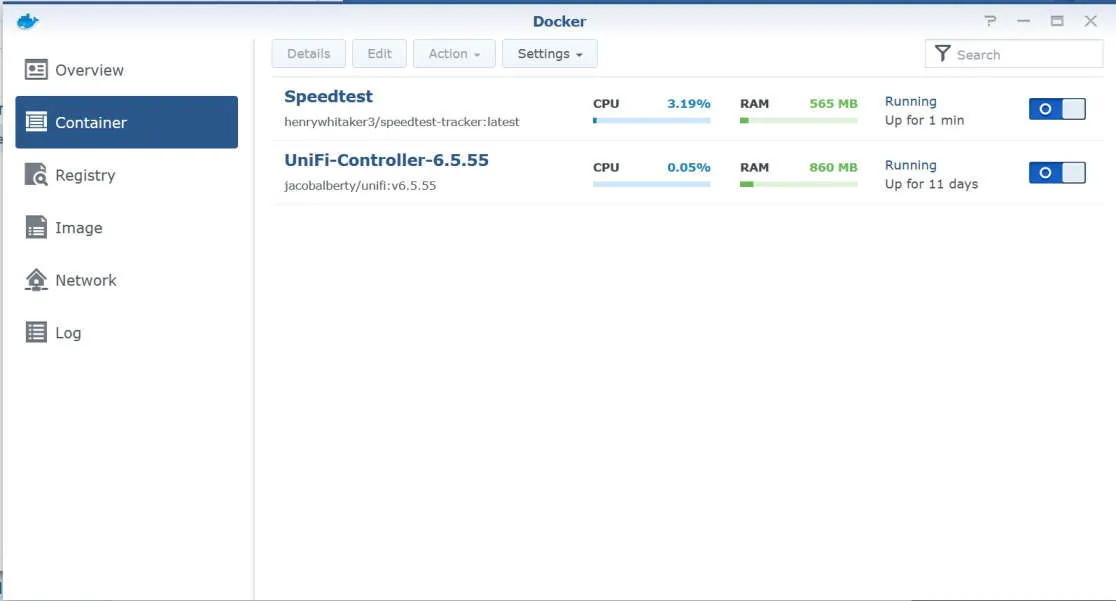 Docker Container page with Speedtest running