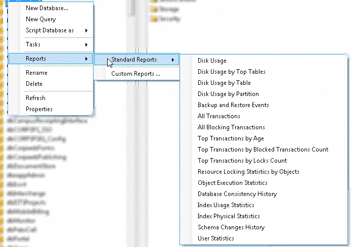 Screenshot of SQL Server Management Studio, showing Reports menu