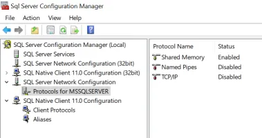 SQL Server Configuration Manager, showing Protocols node