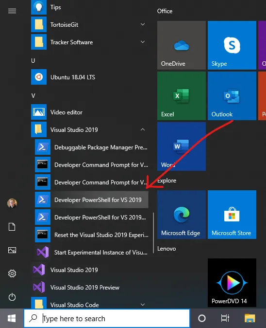 Windows Start Menu showing Developer PowerShell