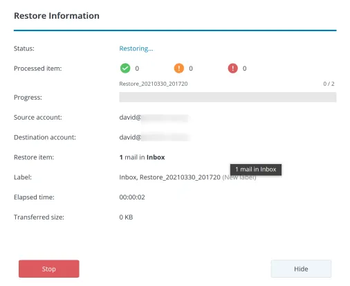 Active Backup for G Suite Portal - Restore progress