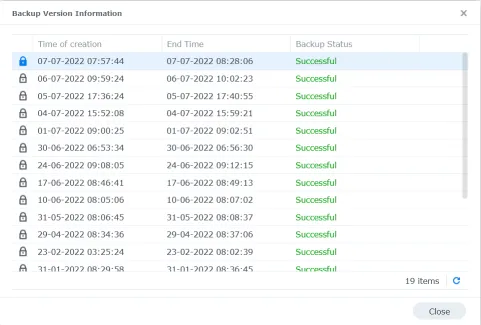 Screenshot of Synology Active Backup for Business 'Backup Version Information' dialog