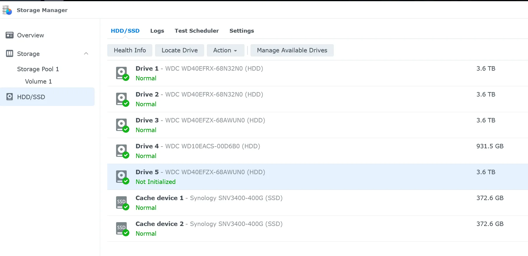New drive highlighted in Storage Manager showing 'Not Initialized'