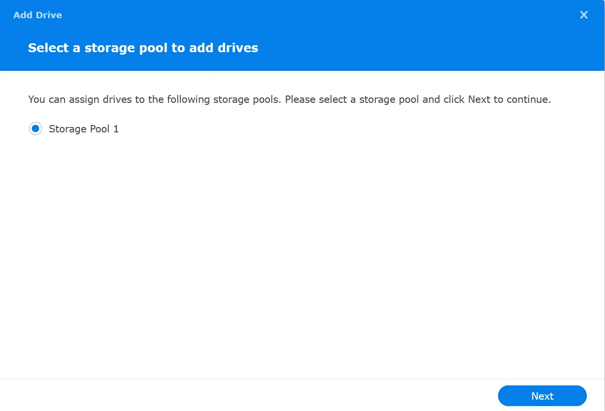 Add drive wizard - select storage pool