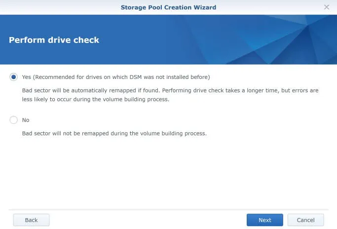 Storage Pool Creation Wizard - Perform drive check