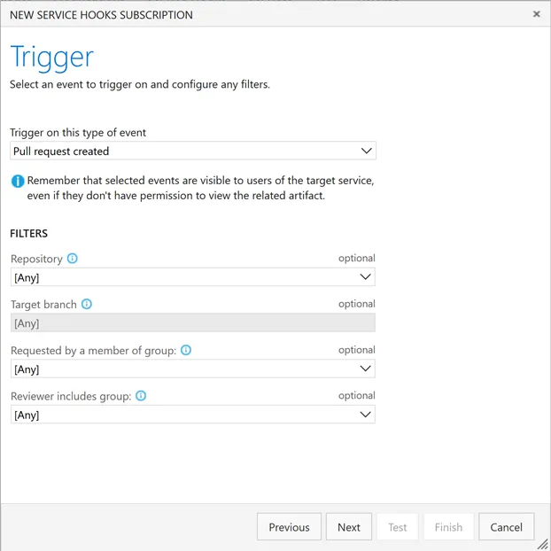 New Service Hooks Subscription dialog window screenshot