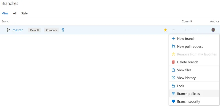 Selecting branch policy from more actions menu