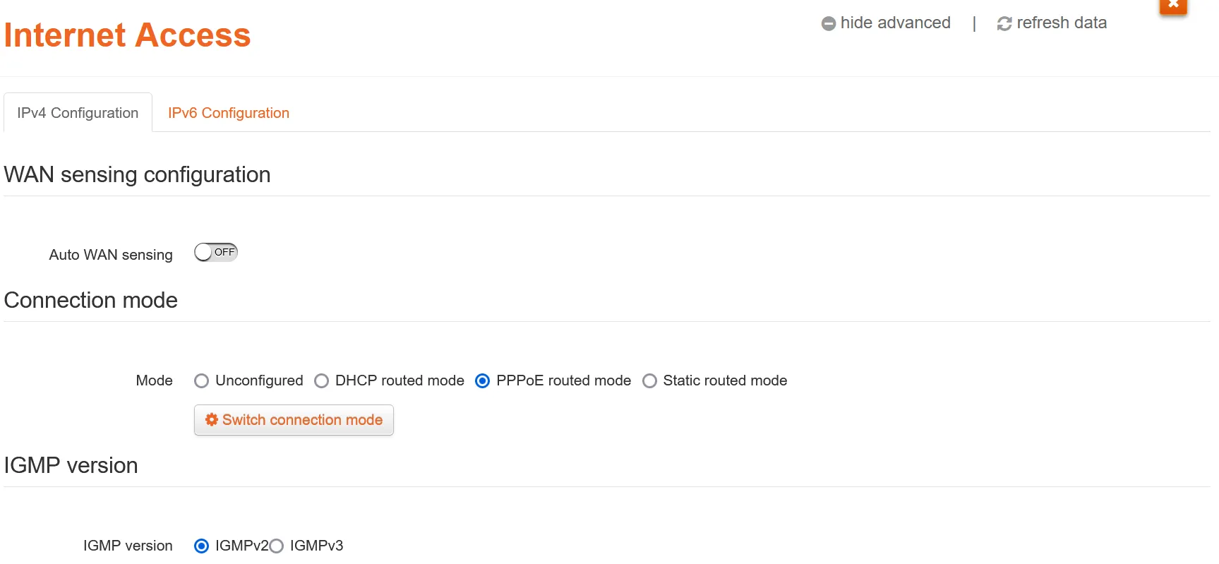 Screenshot of 'Internet access' page in Technicolor gateway admin portal