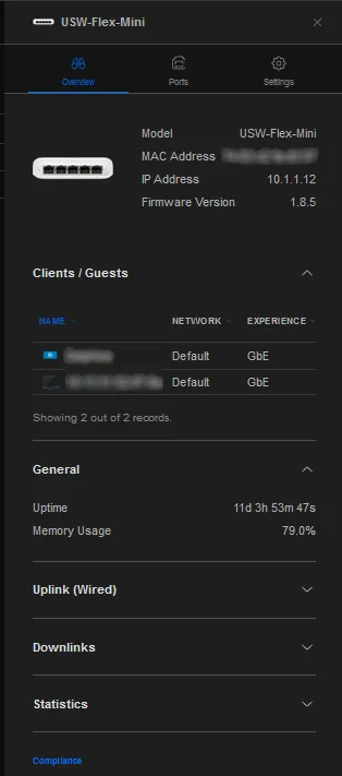 Overview panel for USW-Flex-Mini device in UniFi Controller management software