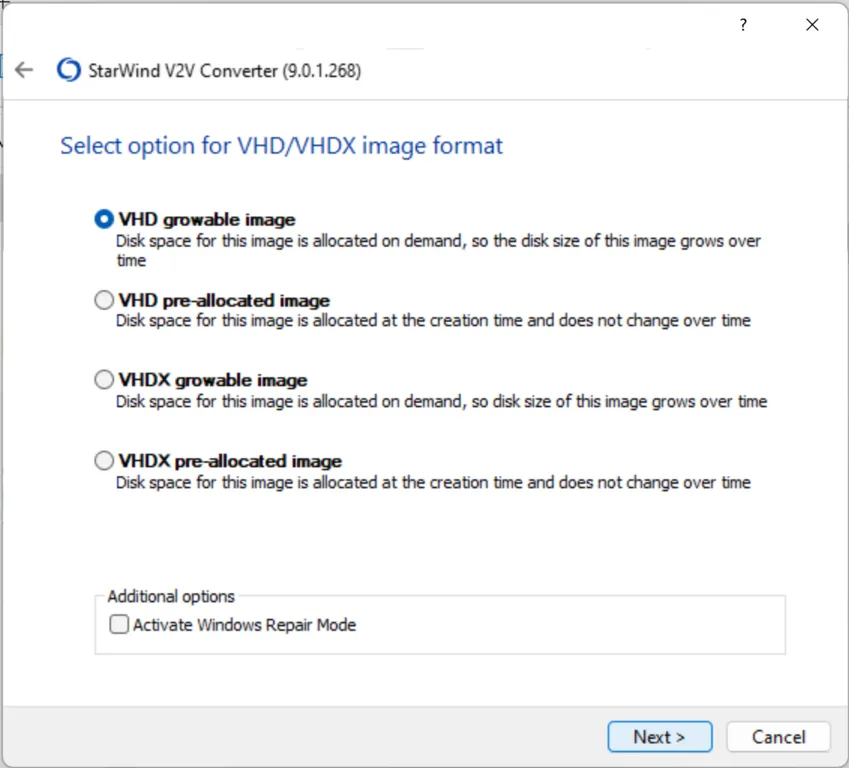 StarWind V2V Conversion Wizard - Select VHD/VHDX image format, VHD growable