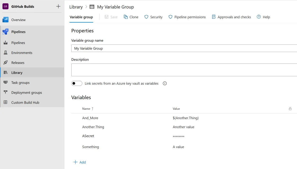 variable group in the Azure DevOps Pipelines UI