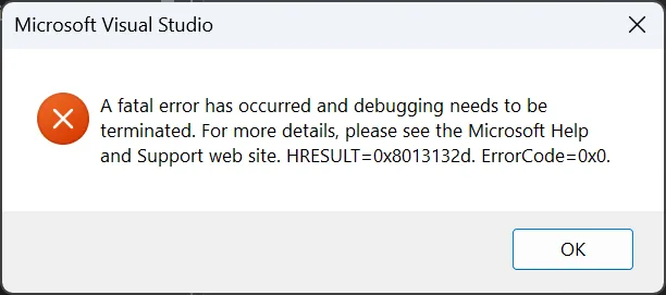 Visual Studio error dialog