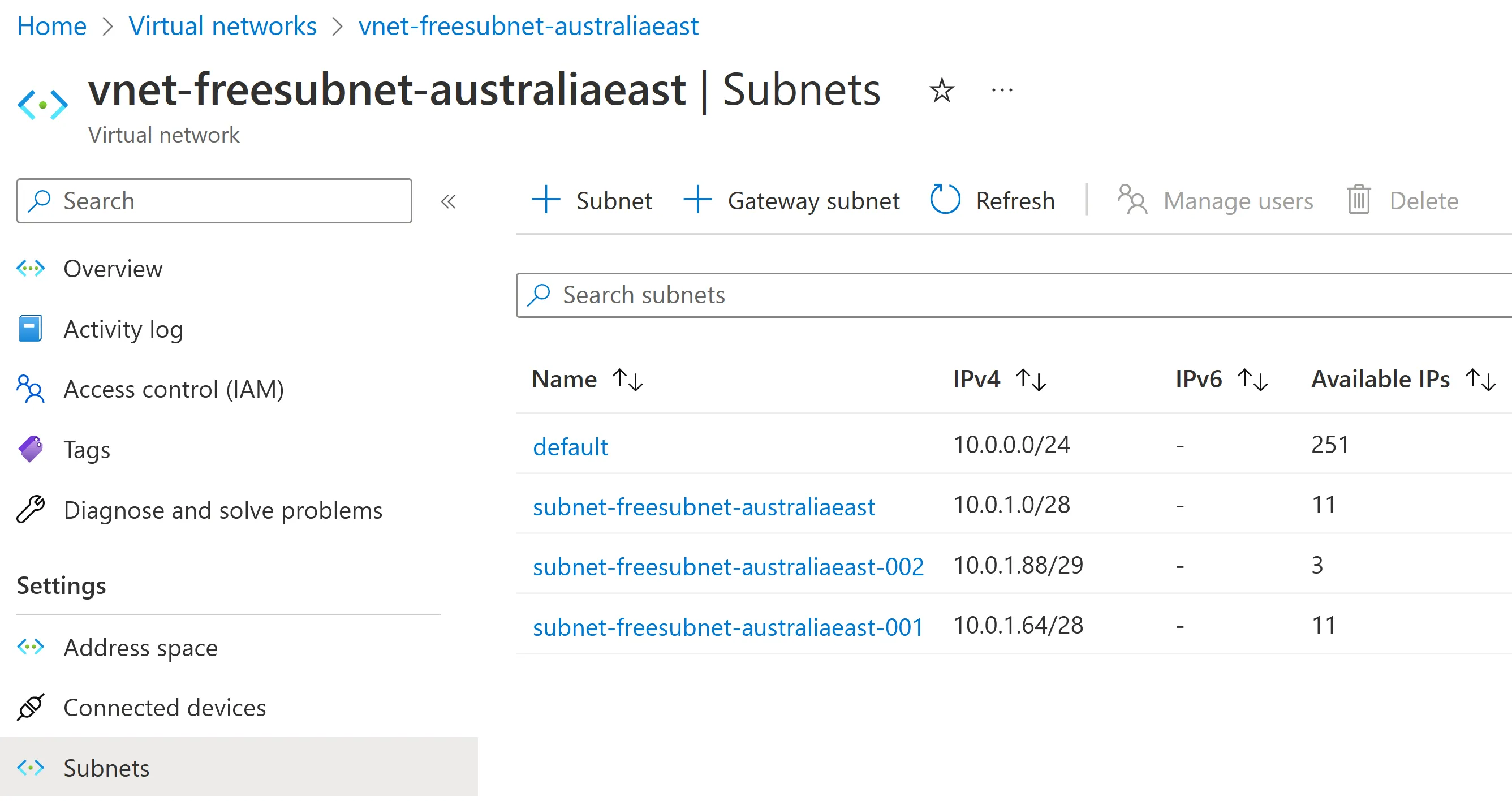 Azure Virtual Network with a list of subnets