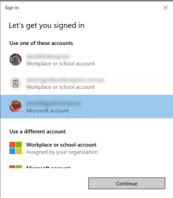 Screenshot of dialog for choosing an account