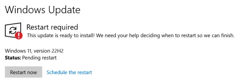 Screenshot of Windows Update with the &#x27;Restart now&#x27; button