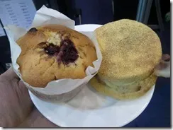 Fruit muffin and savoury muffin for morning tea