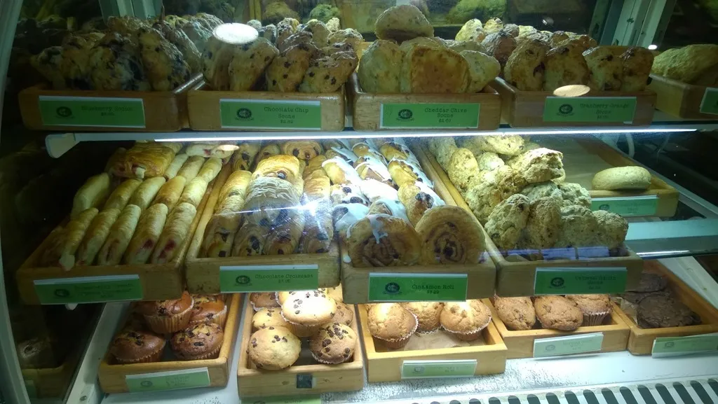 Cakes and slices in bakery display