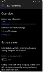 Windows Phone 10, Battery Status showing 23% left