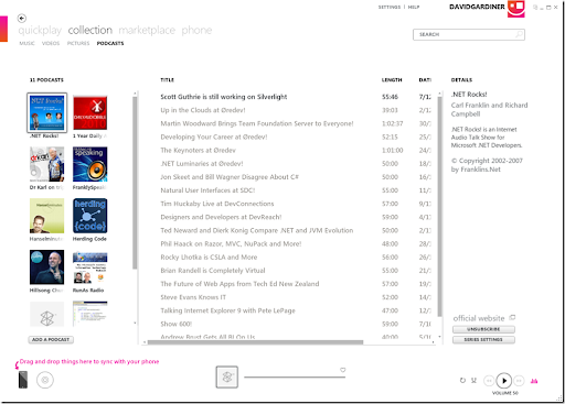 Screenshot of Zune software showing podcasts collection