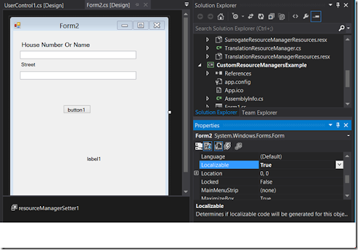 Visual Studio designer showing properties window with Localizable set to true