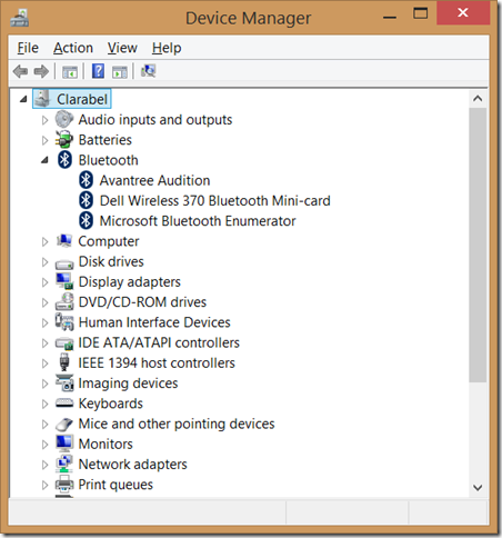 Windows Device Manager, showing Bluetooth devices