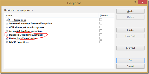 Visual Studio 2013 Exceptions Dialog
