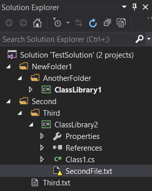 Visual Studio Solution Explorer with second missing file highlighted