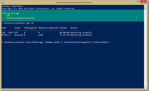 PowerShell console showing Move-VMStorage with progress