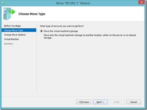 Hyper-V Move Wizard dialog on Windows 8.1