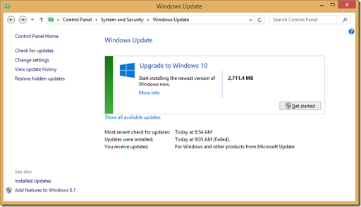 Windows Update in Control Panel, prompting to Get started